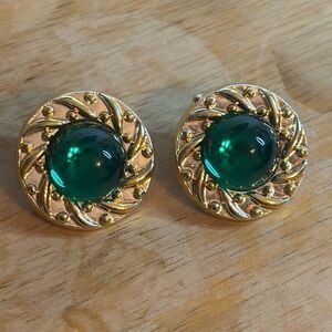 Light Gold tone and green stone acrylic clip on fashion statement earrings